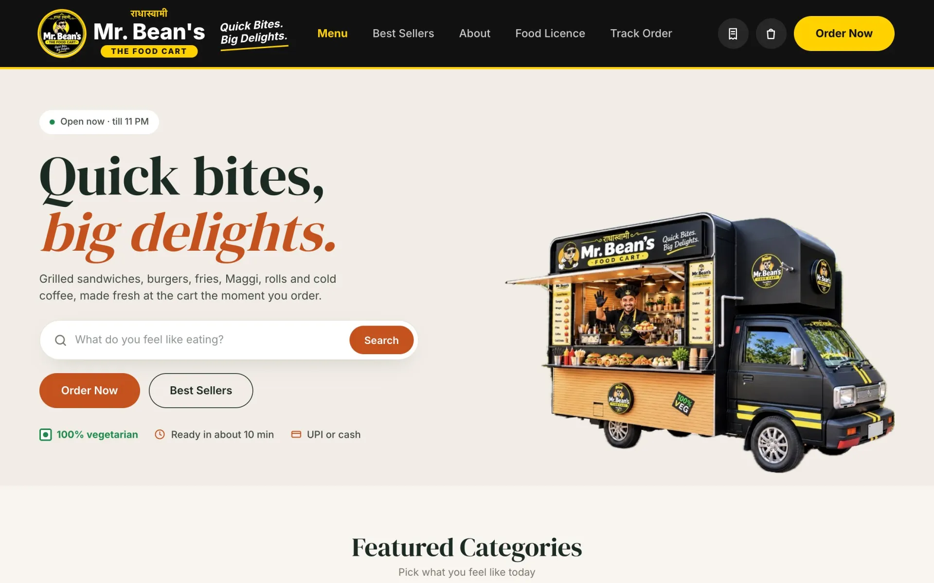 Mr. Bean's – The Food Cart — Food & Beverage / QR Ordering project, shown in a browser frame