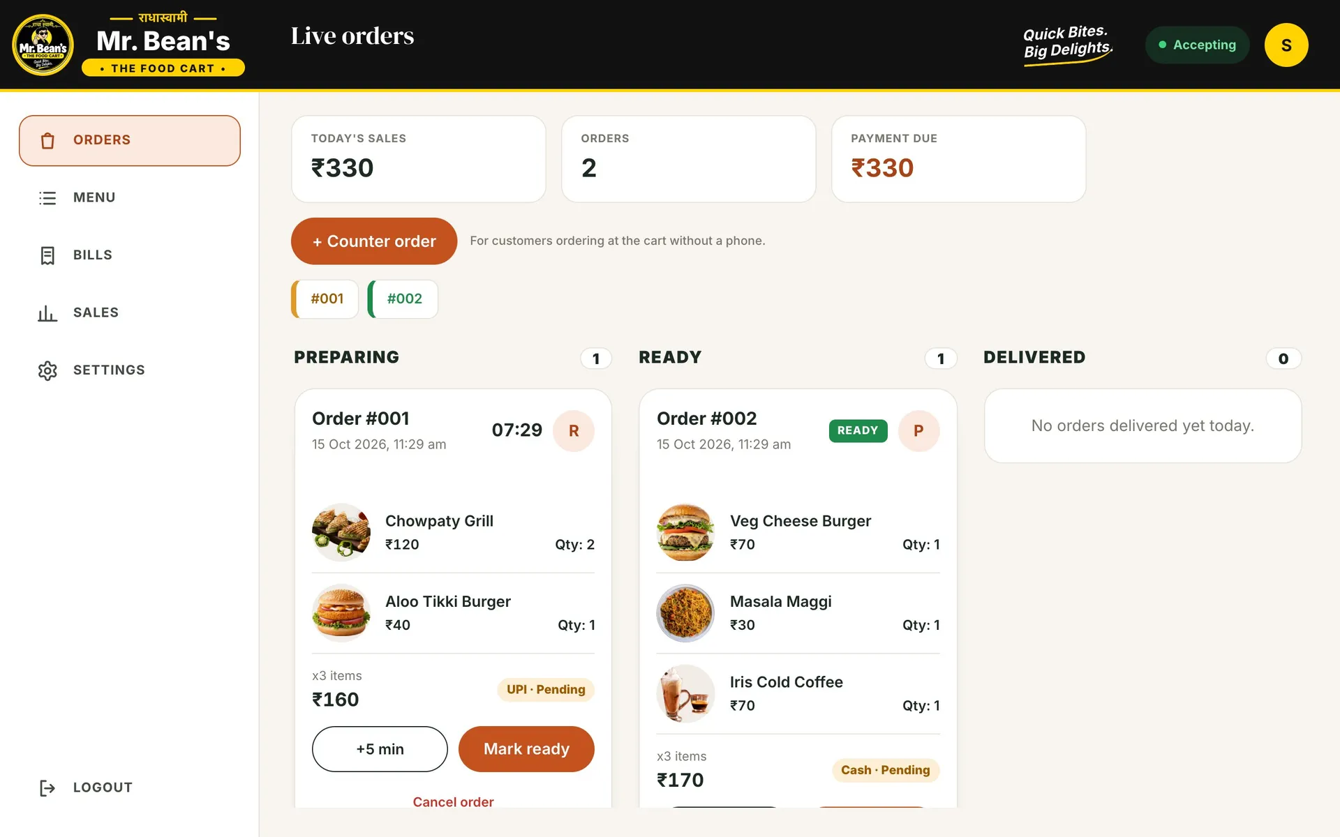 Owner's live orders board